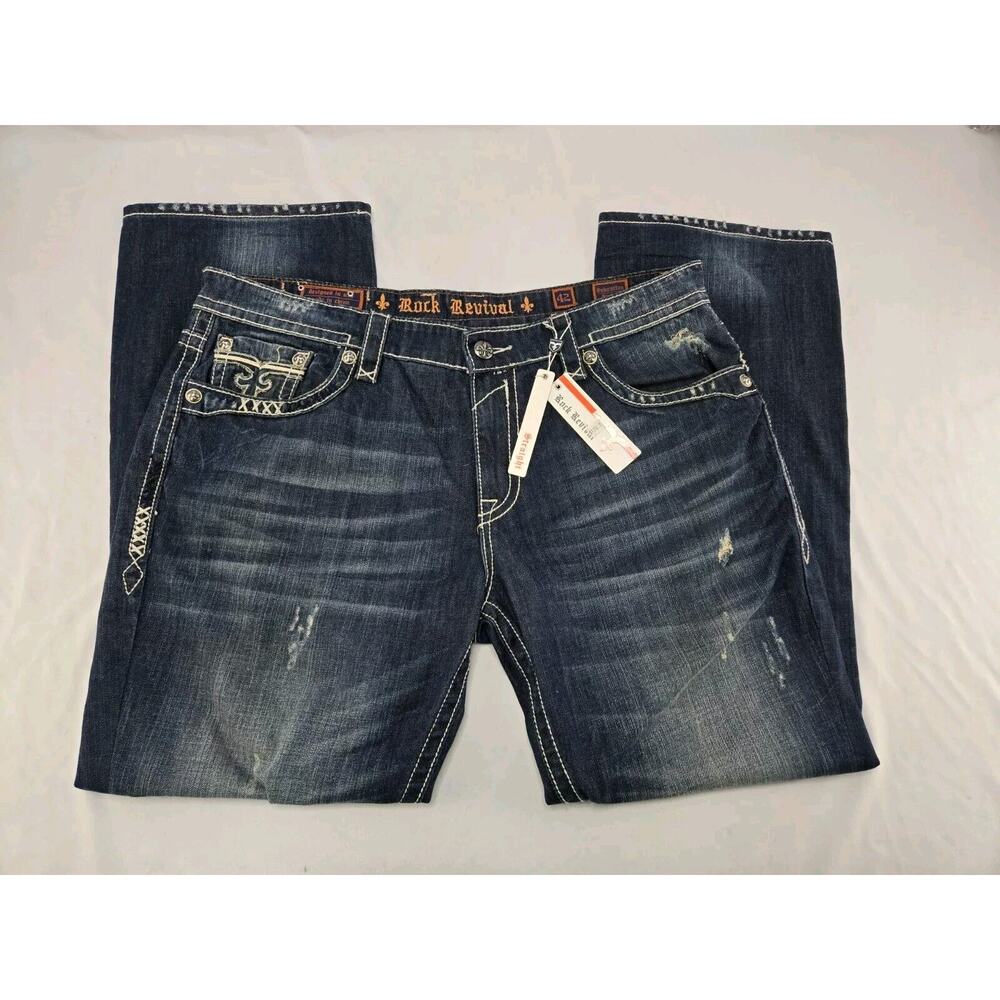 Rock Revival Men’s Sebastian Straight Jeans Sz 42x33 Denim Dark Wash NWT‎